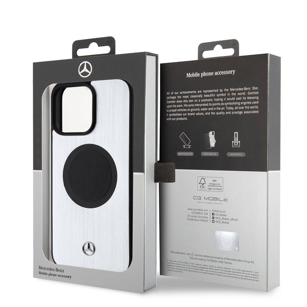 Apple iPhone 15 Pro Max Kılıf Mercedes Benz Orjinal Lisanslı M-safe Şarj Özellikli Alüminyum Arka Yüzey Metal Yıldız Logolu Kapak