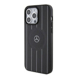 Apple iPhone 15 Pro Max Kılıf Mercedes Benz Orjinal Lisanslı M-safe Şarj Özellikli Baskı Logolu Paralel Çizgi Desenli Deri Kapak