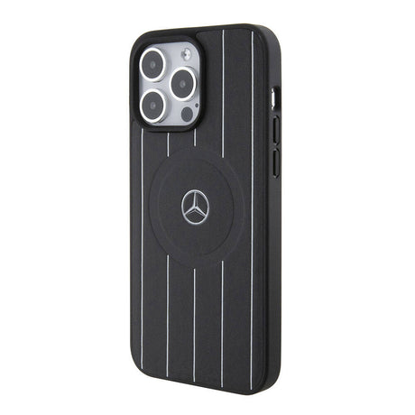 Apple iPhone 15 Pro Max Kılıf Mercedes Benz Orjinal Lisanslı M-safe Şarj Özellikli Baskı Logolu Paralel Çizgi Desenli Deri Kapak