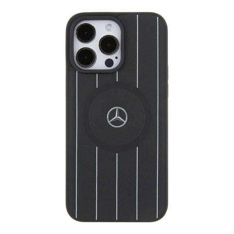 Apple iPhone 15 Pro Max Kılıf Mercedes Benz Orjinal Lisanslı M-safe Şarj Özellikli Baskı Logolu Paralel Çizgi Desenli Deri Kapak