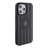 Apple iPhone 15 Pro Max Kılıf Mercedes Benz Orjinal Lisanslı M-safe Şarj Özellikli Baskı Logolu Paralel Çizgi Desenli Deri Kapak