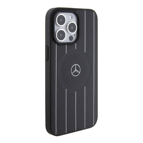 Apple iPhone 15 Pro Max Kılıf Mercedes Benz Orjinal Lisanslı M-safe Şarj Özellikli Baskı Logolu Paralel Çizgi Desenli Deri Kapak