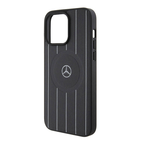 Apple iPhone 15 Pro Max Kılıf Mercedes Benz Orjinal Lisanslı M-safe Şarj Özellikli Baskı Logolu Paralel Çizgi Desenli Deri Kapak
