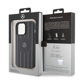 Apple iPhone 15 Pro Max Kılıf Mercedes Benz Orjinal Lisanslı M-safe Şarj Özellikli Baskı Logolu Paralel Çizgi Desenli Deri Kapak