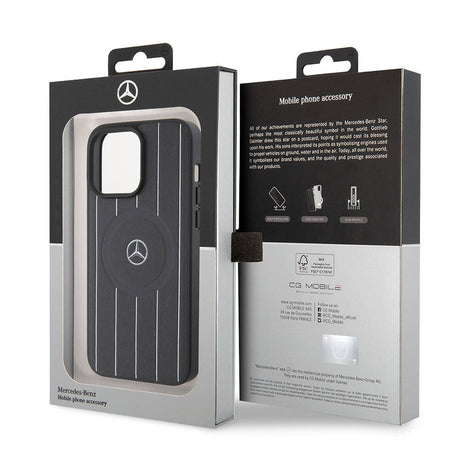Apple iPhone 15 Pro Max Kılıf Mercedes Benz Orjinal Lisanslı M-safe Şarj Özellikli Baskı Logolu Paralel Çizgi Desenli Deri Kapak