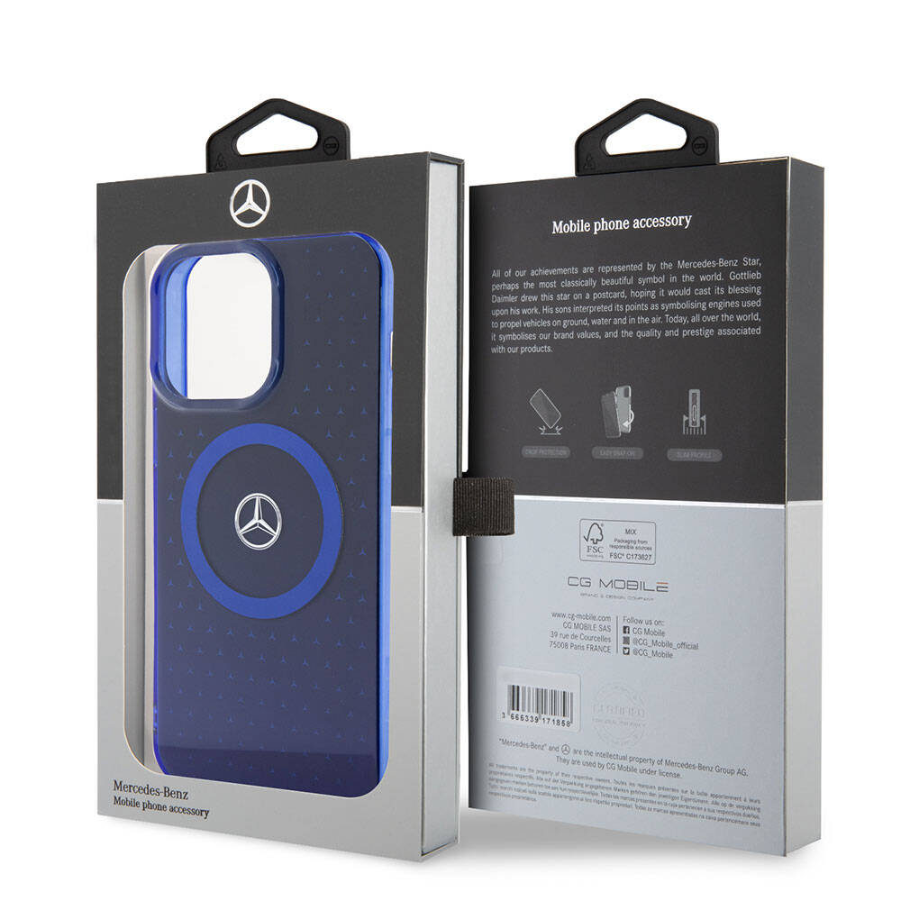 Apple iPhone 15 Pro Max Kılıf Mercedes Benz Orjinal Lisanslı M-safe Şarj Özellikli Çift Katmanlı Mavi Yıldız Desenli Kapak