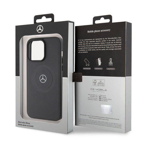 Apple iPhone 15 Pro Max Kılıf Mercedes Benz Orjinal Lisanslı M-safe Şarj Özellikli Pike Desenli Baskı Logolu Deri Kapak
