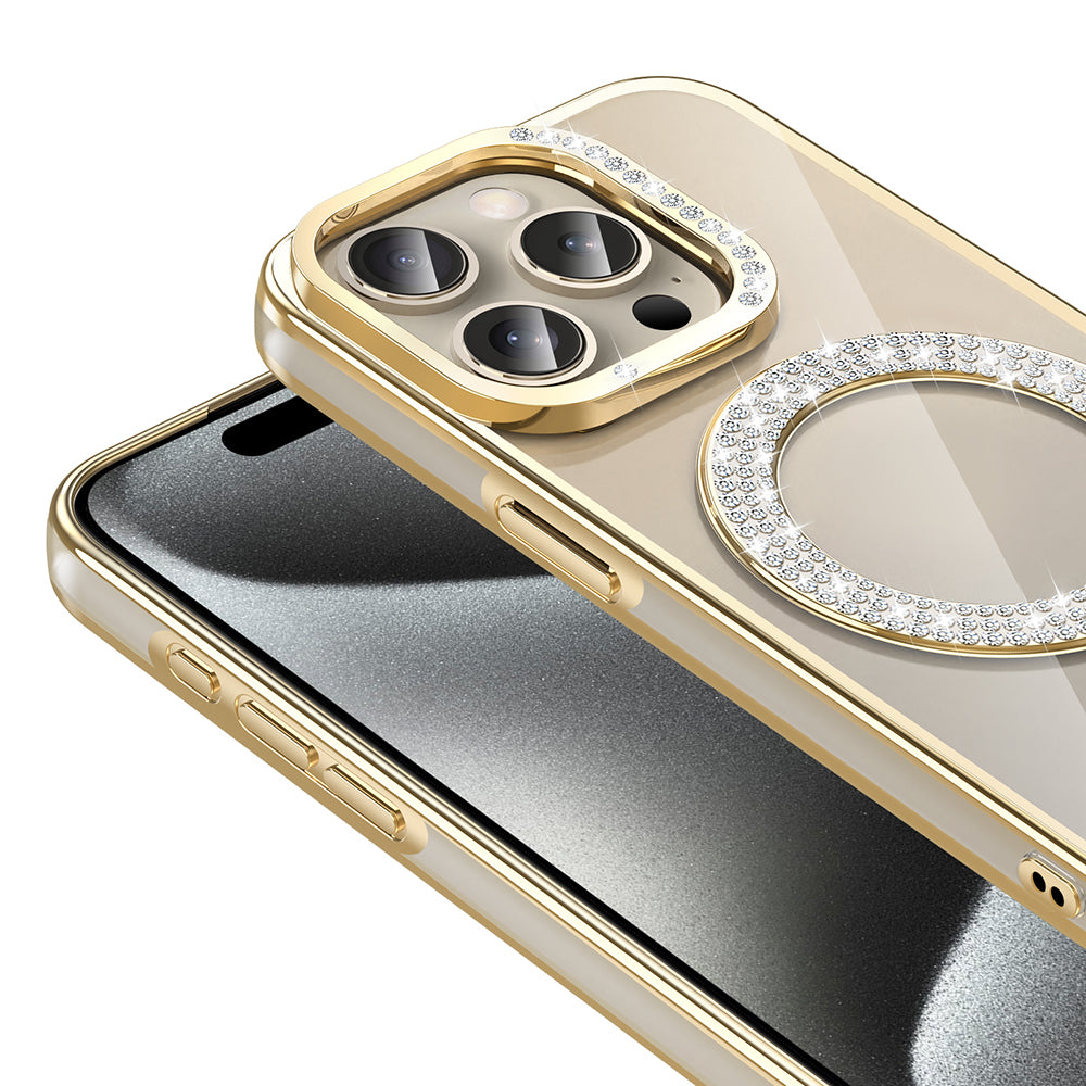 Apple iPhone 15 Pro Max Kılıf Pırlanta Taş Tasarımlı M-safe Şarj Özellikli Zore Karetta Silikon Kapak