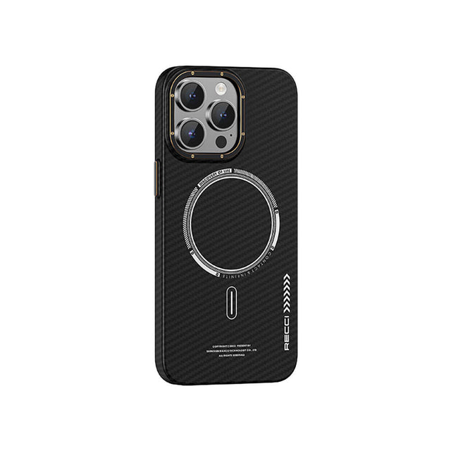 Apple iPhone 15 Pro Max Kılıf Recci Machinist Serisi M-safe Şarj Özellikli Magnetik Karbon Kapak