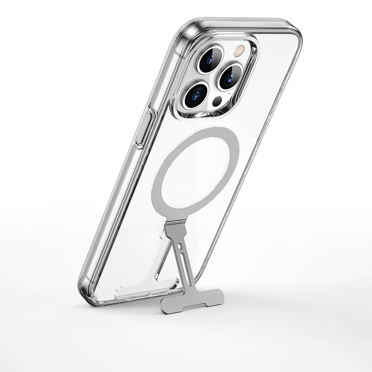Apple iPhone 15 Pro Max Kılıf Wiwu FYY-014 M-safe Şarj Özellikli Alüminyum Alaşım Metal Standlı Şeffaf Kapak