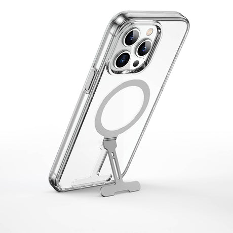 Apple iPhone 15 Pro Max Kılıf Wiwu FYY-014 M-safe Şarj Özellikli Alüminyum Alaşım Metal Standlı Şeffaf Kapak