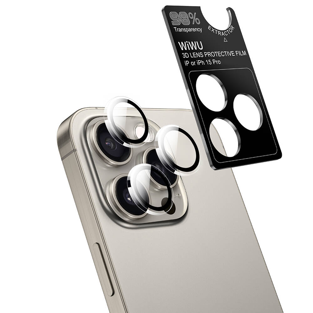 Apple iPhone 15 Pro Wiwu Wi-IP002 2in1 Temperli Cam Ahize Toz Önleyici Ekran Koruyucu ve Kamera Lens Koruyucu Set