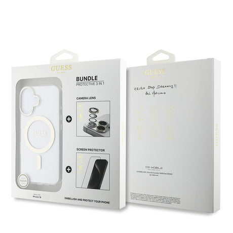 Apple iPhone 16 Guess Orjinal Lisanslı 3'lü Aksesuar Seti IML Baskılı Simli Glitter Kılıf + Ekran Koruyucu + Lens Koruyucu