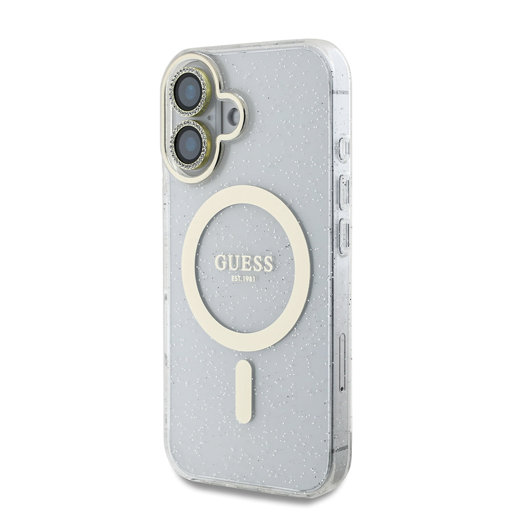 Apple iPhone 16 Guess Orjinal Lisanslı 3'lü Aksesuar Seti IML Baskılı Simli Glitter Kılıf + Ekran Koruyucu + Lens Koruyucu