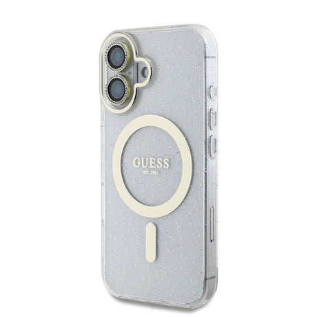 Apple iPhone 16 Guess Orjinal Lisanslı 3'lü Aksesuar Seti IML Baskılı Simli Glitter Kılıf + Ekran Koruyucu + Lens Koruyucu