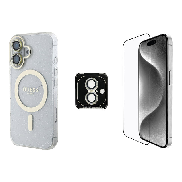 Apple iPhone 16 Guess Orjinal Lisanslı 3'lü Aksesuar Seti IML Baskılı Simli Glitter Kılıf + Ekran Koruyucu + Lens Koruyucu