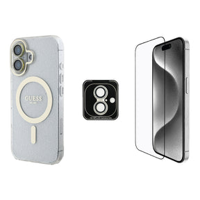 Apple iPhone 16 Guess Orjinal Lisanslı 3'lü Aksesuar Seti IML Baskılı Simli Glitter Kılıf + Ekran Koruyucu + Lens Koruyucu