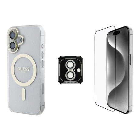 Apple iPhone 16 Guess Orjinal Lisanslı 3'lü Aksesuar Seti IML Baskılı Simli Glitter Kılıf + Ekran Koruyucu + Lens Koruyucu