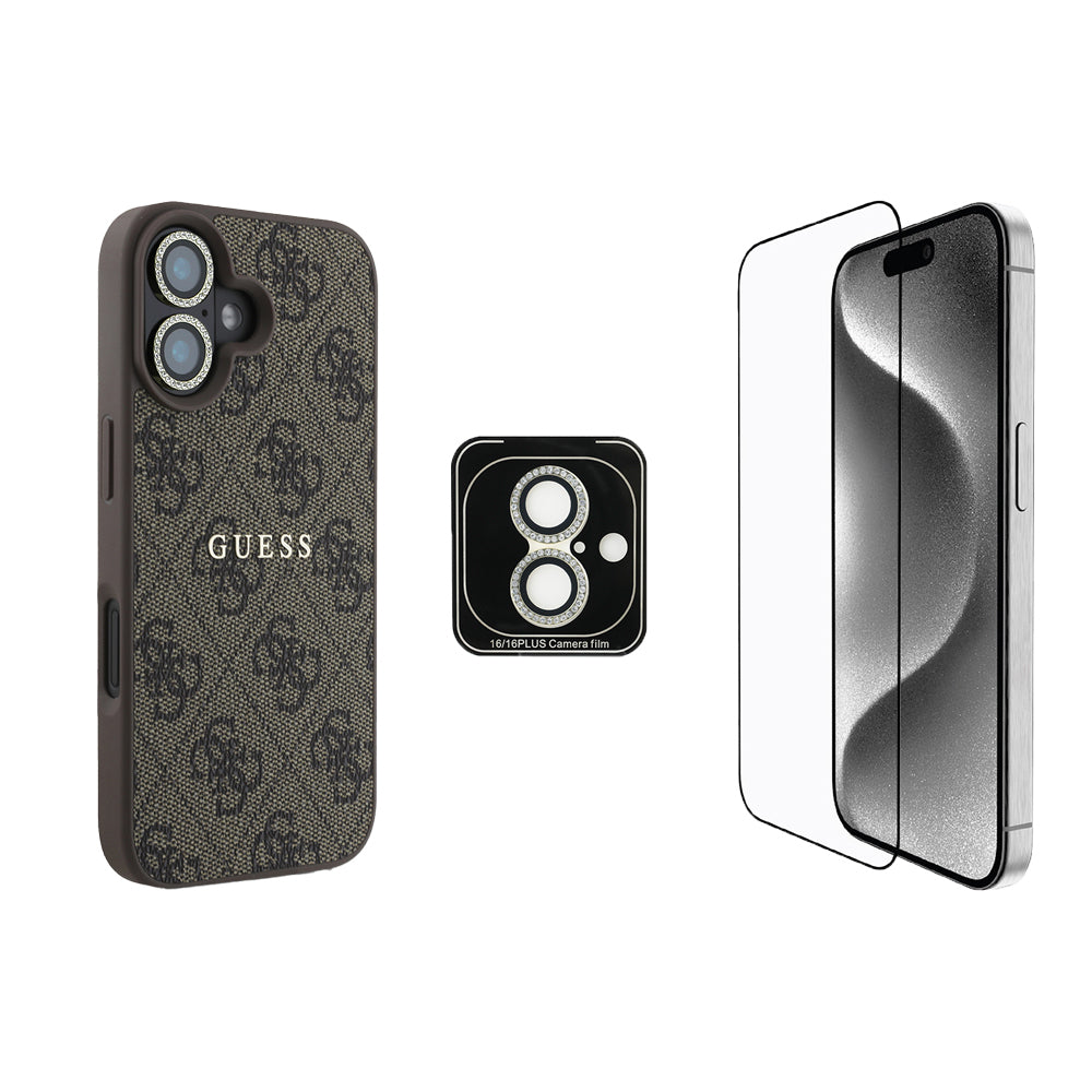 Apple iPhone 16 Guess Orjinal Lisanslı Kılıf + Ekran Koruyucu + Lens Koruyucu 3in1 Aksesuar Seti