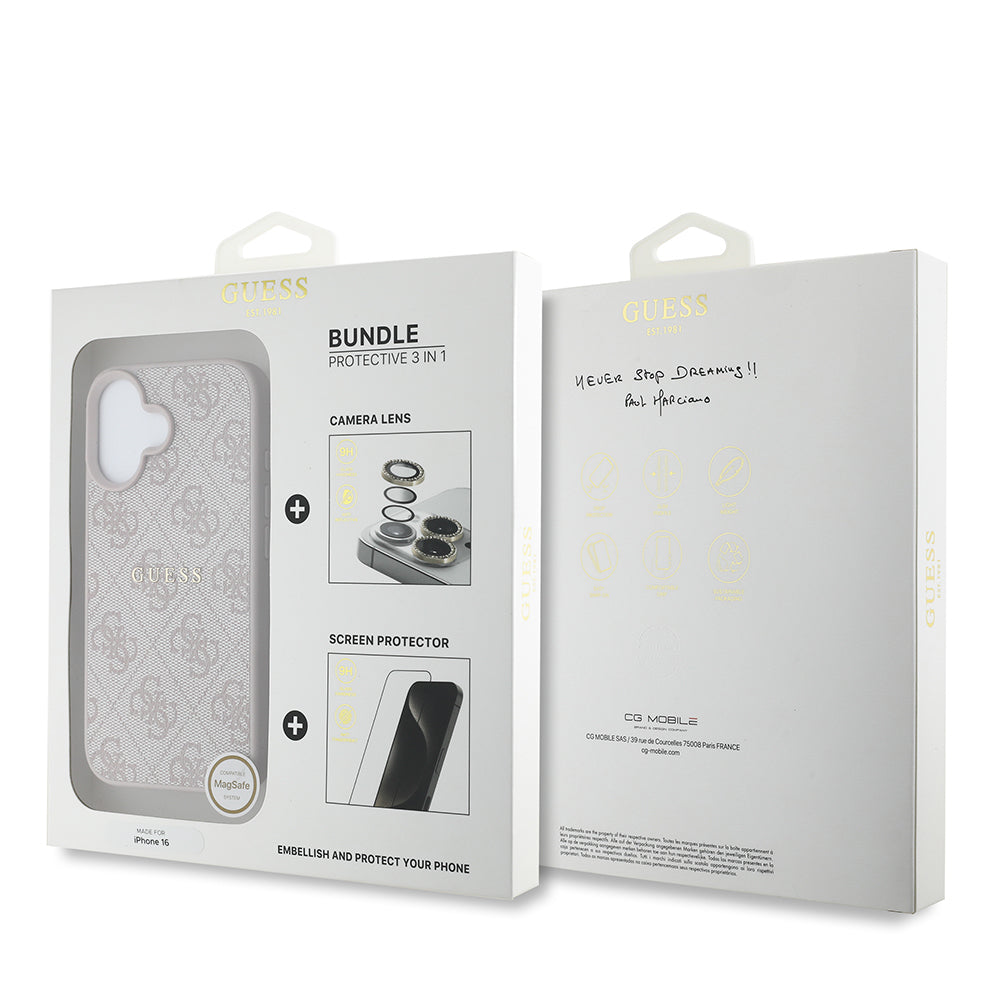 Apple iPhone 16 Guess Orjinal Lisanslı Kılıf + Ekran Koruyucu + Lens Koruyucu 3in1 Aksesuar Seti