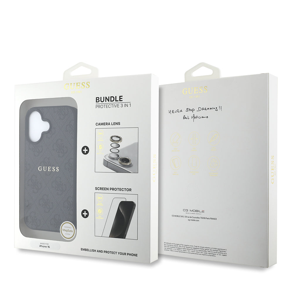 Apple iPhone 16 Guess Orjinal Lisanslı Kılıf + Ekran Koruyucu + Lens Koruyucu 3in1 Aksesuar Seti