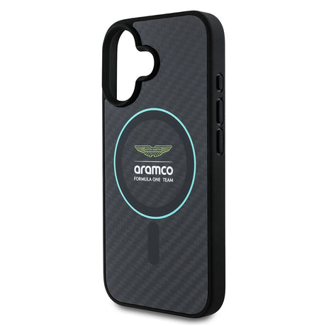 Apple iPhone 16 Kılıf Aston Martin Orjinal Lisanslı M-safe Şarj Özellikli Renkli Halka ve Karbon Fiber Tasarımlı Kapak