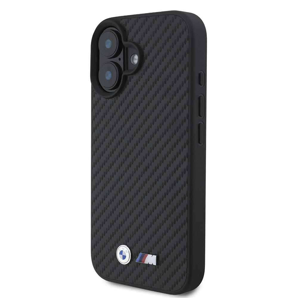 Apple iPhone 16 Kılıf BMW Orjinal Lisanslı Karbon Fiber Tasarımlı ve Metal Logolu PU Deri Kapak