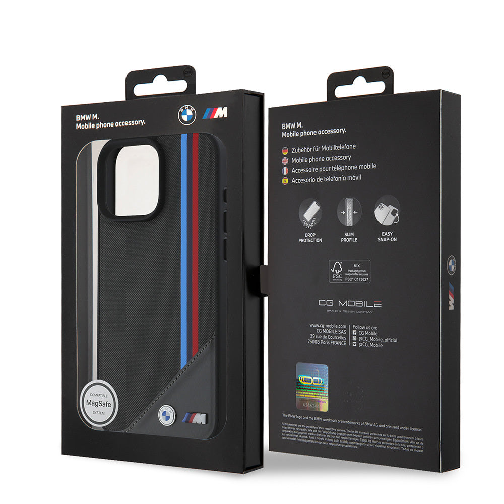 Apple iPhone 16 Kılıf BMW Orjinal Lisanslı M-safe Şarj Özellikli M Logolu Üç Çizgili Dikiş Detaylı Meshed Tricolor Stripes Kapak