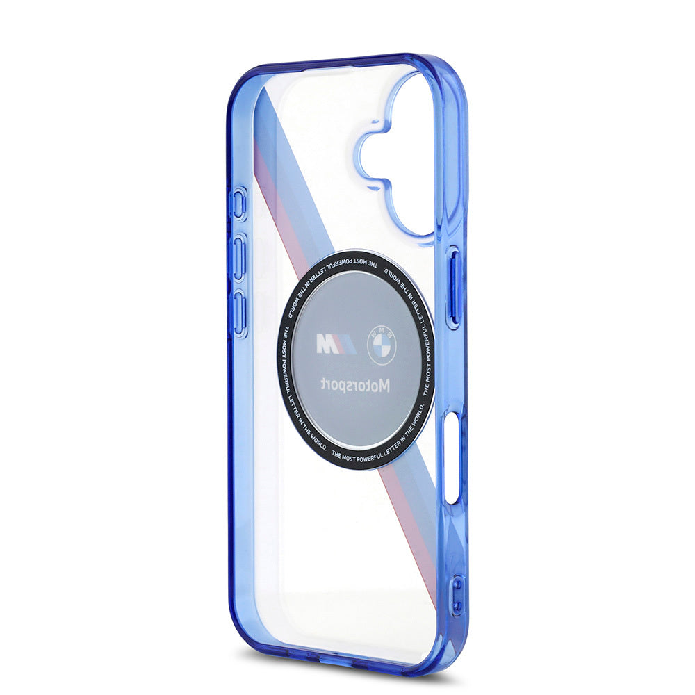 Apple iPhone 16 Kılıf BMW Orjinal Lisanslı M-safe Şarj Özellikli M Logolu Üç Renk Çizgili Motorsport Circle Kapak