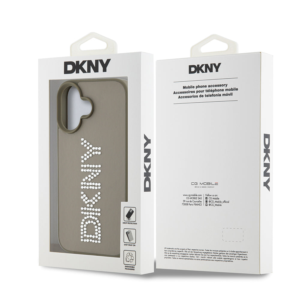 Apple iPhone 16 Kılıf DKNY Orjinal Lisanslı Taşlı DKNY Yazılı Metalik Rhinestones PU Deri Kapak