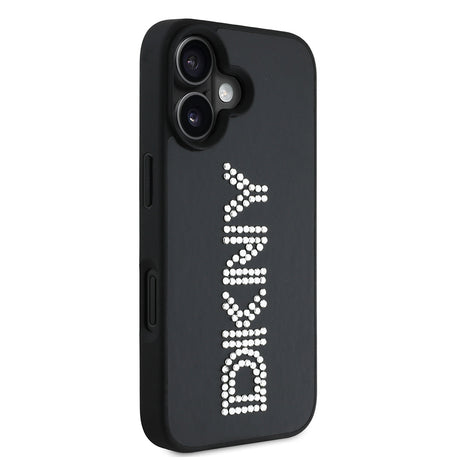 Apple iPhone 16 Kılıf DKNY Orjinal Lisanslı Taşlı DKNY Yazılı Metalik Rhinestones PU Deri Kapak