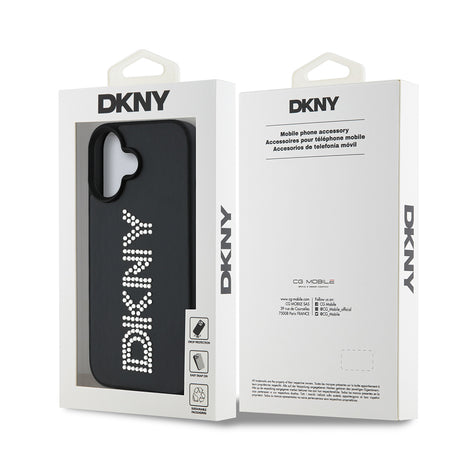 Apple iPhone 16 Kılıf DKNY Orjinal Lisanslı Taşlı DKNY Yazılı Metalik Rhinestones PU Deri Kapak