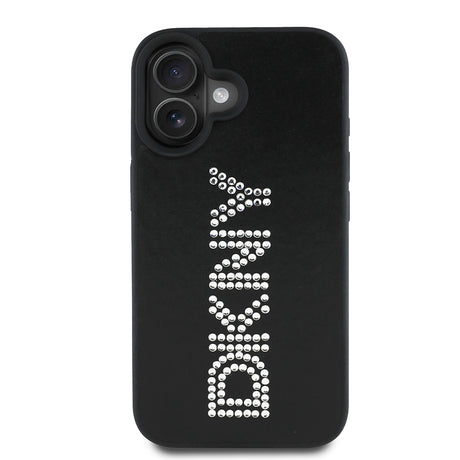 Apple iPhone 16 Kılıf DKNY Orjinal Lisanslı Taşlı DKNY Yazılı Metalik Rhinestones PU Deri Kapak