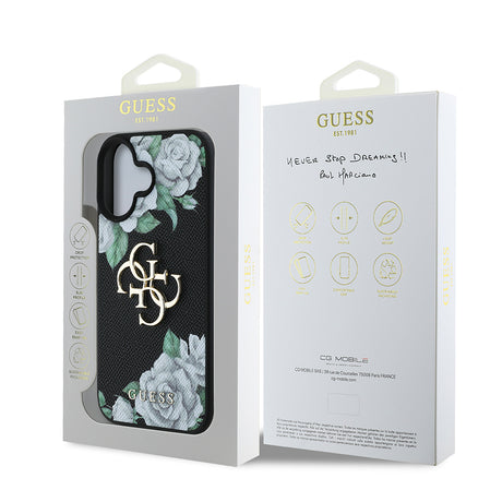Apple iPhone 16 Kılıf Guess Orjinal Lisanslı Gül Baskılı Büyük Metal Logo Dizaynlı Kapak