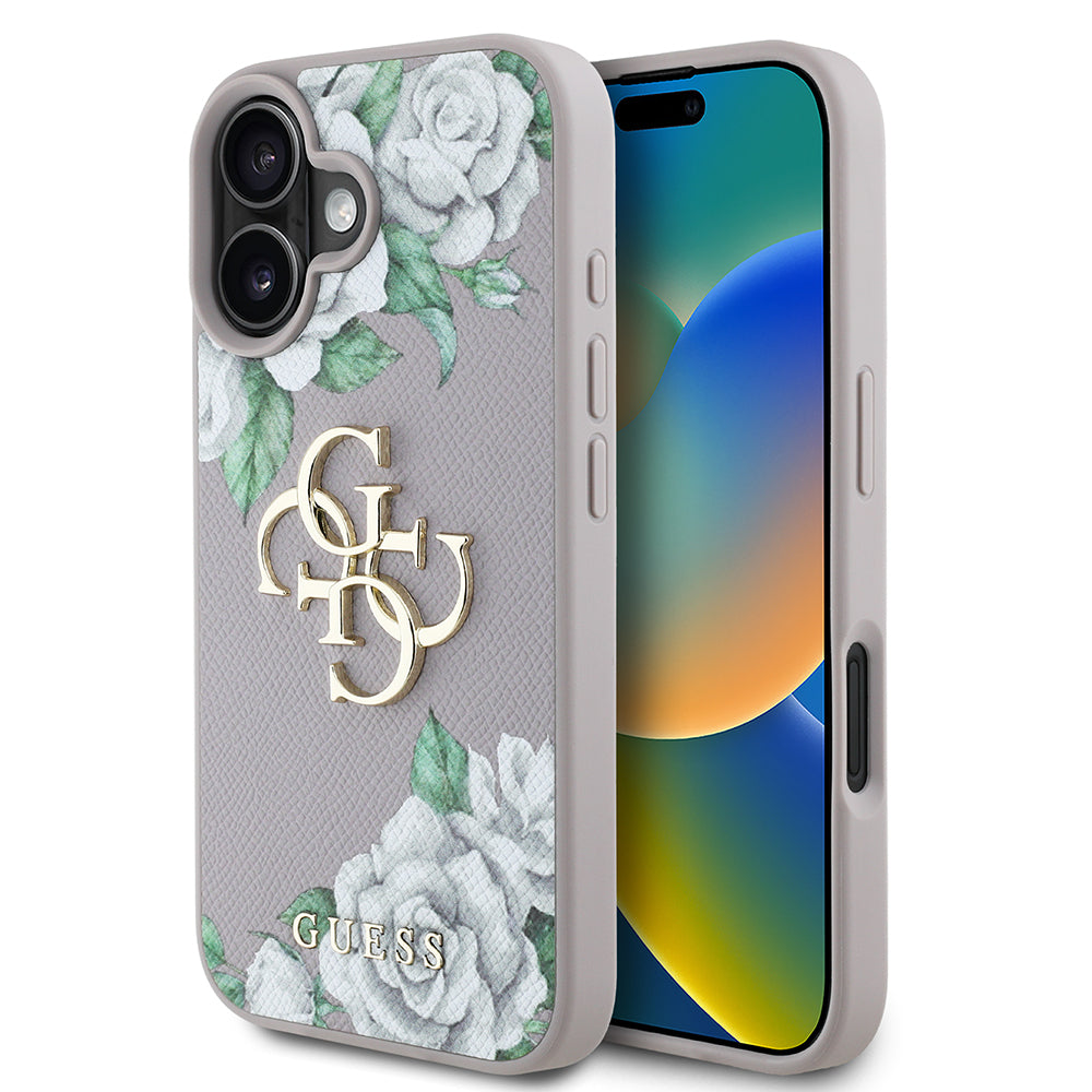 Apple iPhone 16 Kılıf Guess Orjinal Lisanslı Gül Baskılı Büyük Metal Logo Dizaynlı Kapak