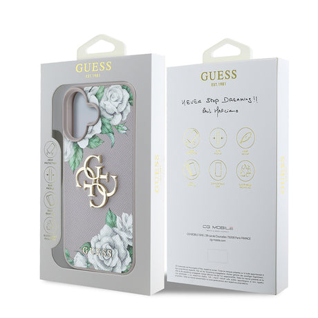 Apple iPhone 16 Kılıf Guess Orjinal Lisanslı Gül Baskılı Büyük Metal Logo Dizaynlı Kapak