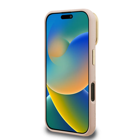 Apple iPhone 16 Kılıf Guess Orjinal Lisanslı M-safe Şarj Özellikli Sıcak Baskılı Yazı Logolu Kamera Standlı PU Deri Peony Kapak