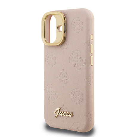 Apple iPhone 16 Kılıf Guess Orjinal Lisanslı M-safe Şarj Özellikli Sıcak Baskılı Yazı Logolu Kamera Standlı PU Deri Peony Kapak