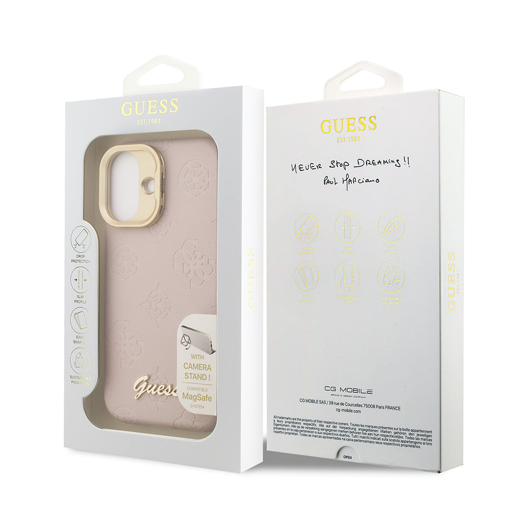 Apple iPhone 16 Kılıf Guess Orjinal Lisanslı M-safe Şarj Özellikli Sıcak Baskılı Yazı Logolu Kamera Standlı PU Deri Peony Kapak