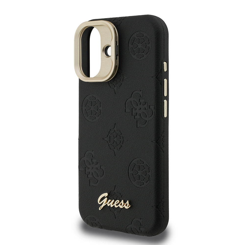 Apple iPhone 16 Kılıf Guess Orjinal Lisanslı M-safe Şarj Özellikli Sıcak Baskılı Yazı Logolu Kamera Standlı PU Deri Peony Kapak