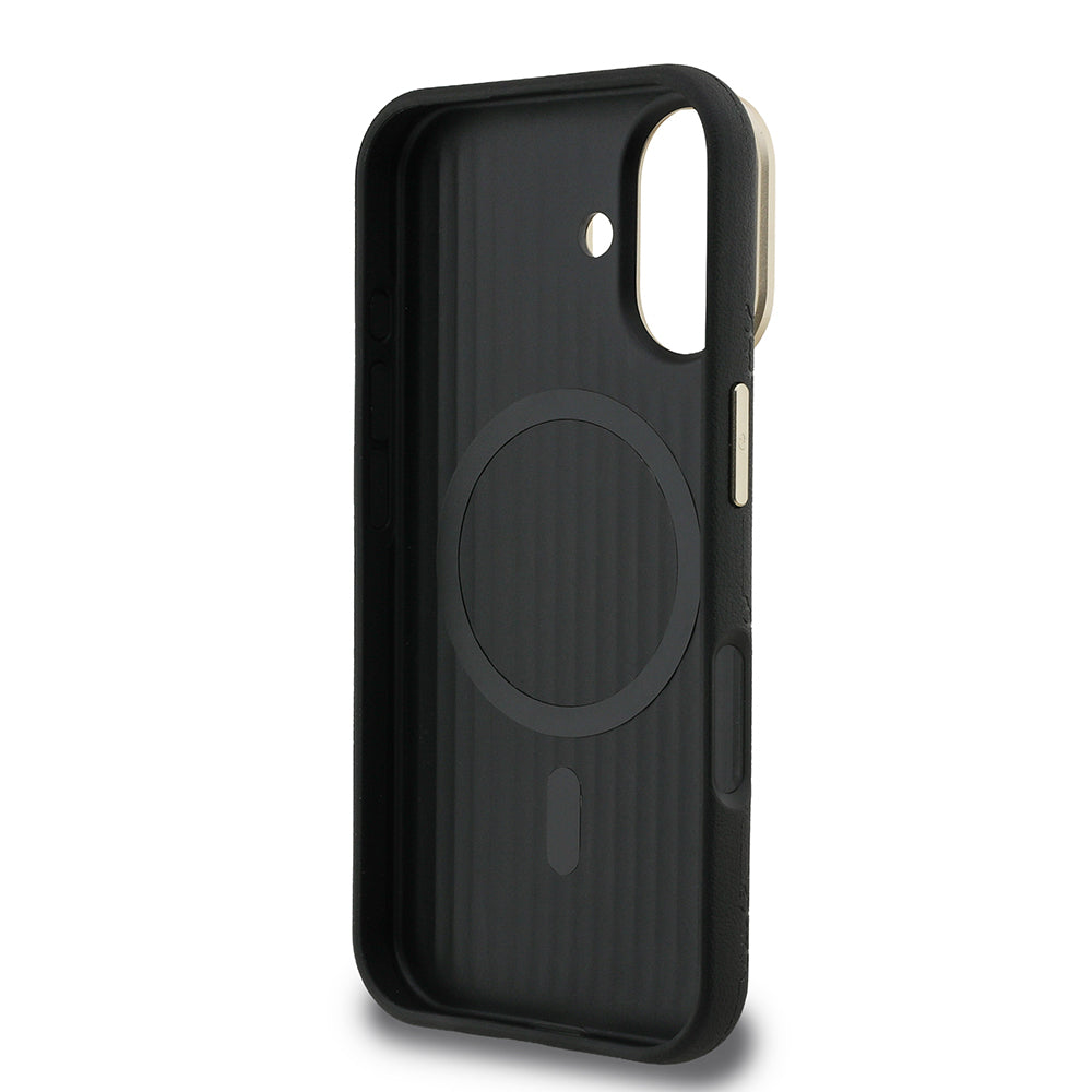 Apple iPhone 16 Kılıf Guess Orjinal Lisanslı M-safe Şarj Özellikli Sıcak Baskılı Yazı Logolu Kamera Standlı PU Deri Peony Kapak