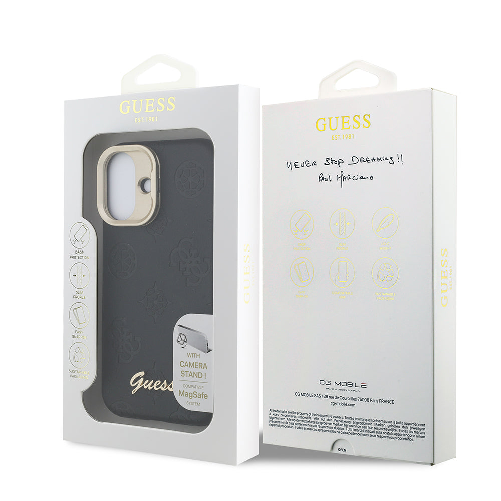 Apple iPhone 16 Kılıf Guess Orjinal Lisanslı M-safe Şarj Özellikli Sıcak Baskılı Yazı Logolu Kamera Standlı PU Deri Peony Kapak