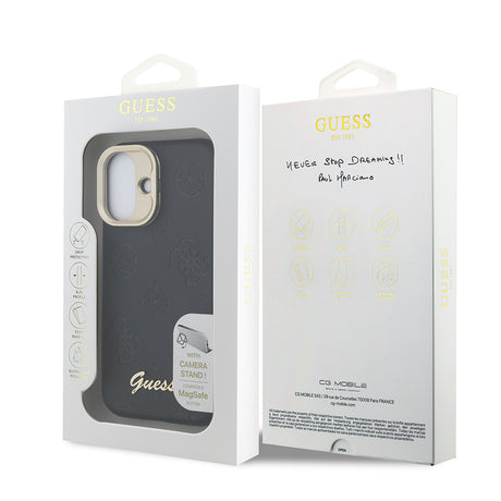 Apple iPhone 16 Kılıf Guess Orjinal Lisanslı M-safe Şarj Özellikli Sıcak Baskılı Yazı Logolu Kamera Standlı PU Deri Peony Kapak