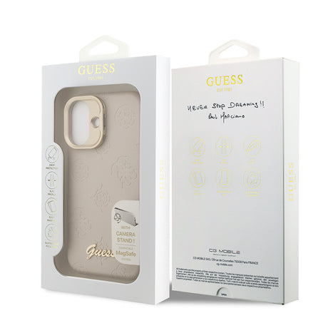 Apple iPhone 16 Kılıf Guess Orjinal Lisanslı M-safe Şarj Özellikli Sıcak Baskılı Yazı Logolu Kamera Standlı PU Deri Peony Kapak