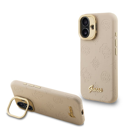 Apple iPhone 16 Kılıf Guess Orjinal Lisanslı M-safe Şarj Özellikli Sıcak Baskılı Yazı Logolu Kamera Standlı PU Deri Peony Kapak