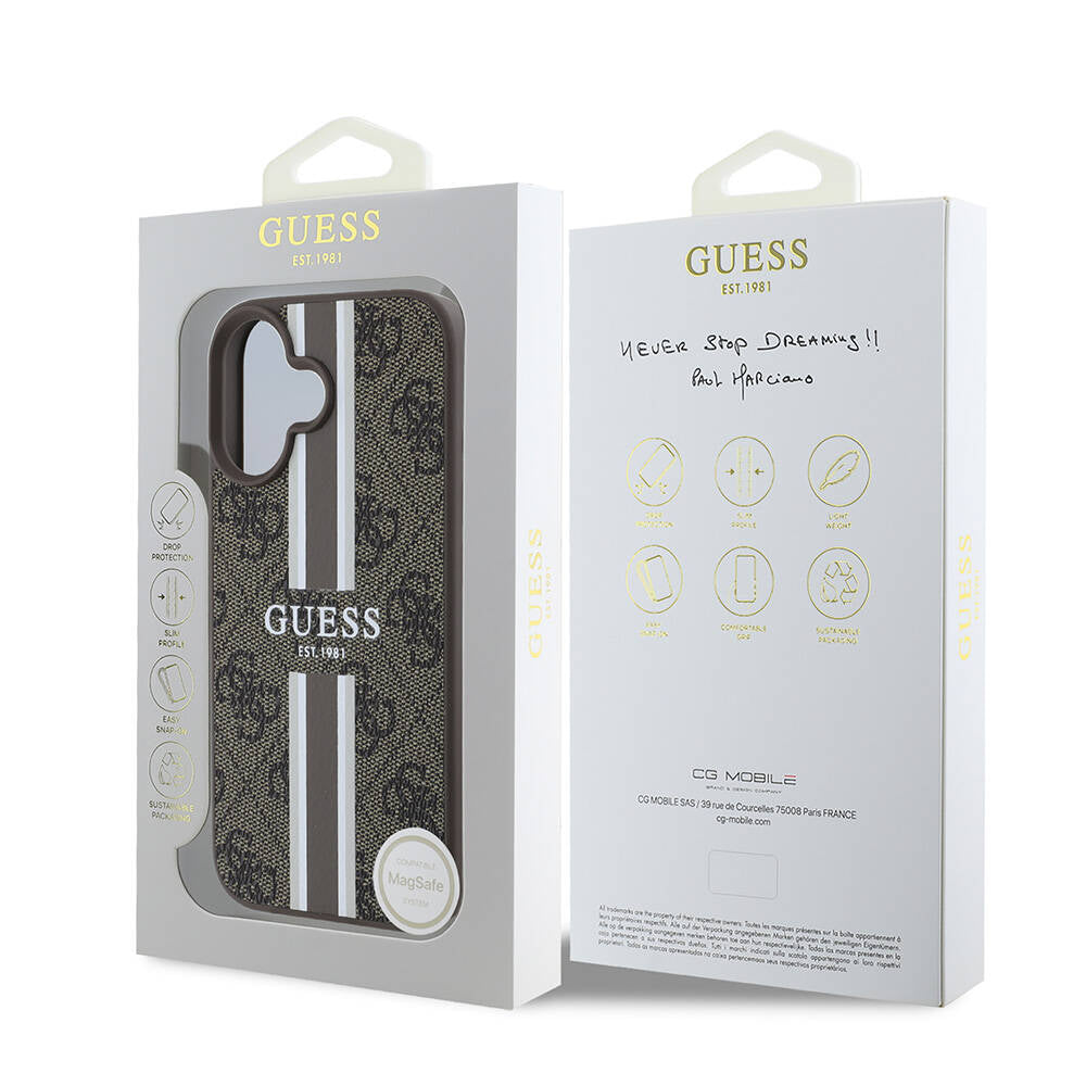Apple iPhone 16 Kılıf Guess Orjinal Lisanslı M-safe Şarj Özellikli 4G Şerit Tasarımlı Printed Kapak
