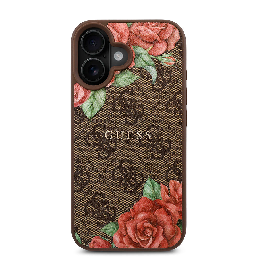 Apple iPhone 16 Kılıf Guess Orjinal Lisanslı M-safe Şarj Özellikli Gül Baskılı 4G Desenli Yazı Logolu Kapak