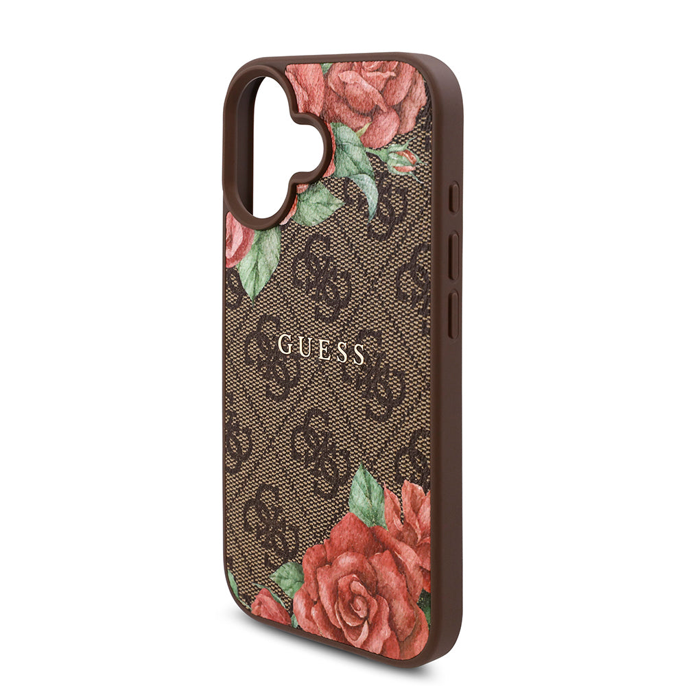Apple iPhone 16 Kılıf Guess Orjinal Lisanslı M-safe Şarj Özellikli Gül Baskılı 4G Desenli Yazı Logolu Kapak