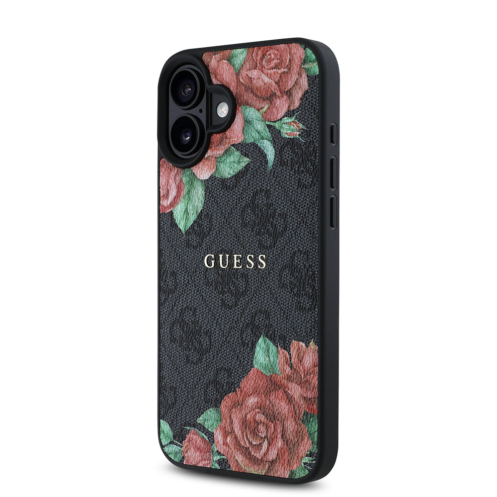 Apple iPhone 16 Kılıf Guess Orjinal Lisanslı M-safe Şarj Özellikli Gül Baskılı 4G Desenli Yazı Logolu Kapak