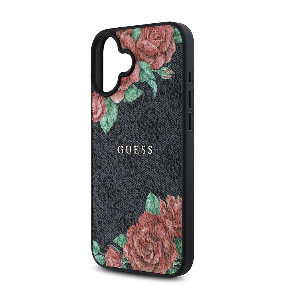 Apple iPhone 16 Kılıf Guess Orjinal Lisanslı M-safe Şarj Özellikli Gül Baskılı 4G Desenli Yazı Logolu Kapak